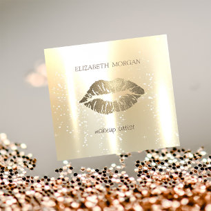 Cartão De Visita Quadrado Elegante Glamouroso Brilhante, Dourado Falso, Lábi