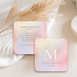 Cartão De Visita Quadrado Elegante Holográfico Blush Rosa Moderno Monograma