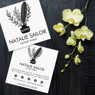 Cartão De Visita Quadrado Elegante Logotipo de Pena Botânica Chic Notário Pú