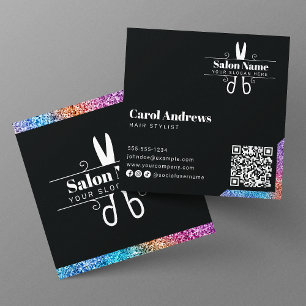Cartão De Visita Quadrado Elegante Logotipo de Qr Code de Cabeleireiro Preto