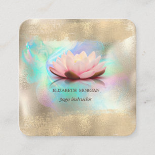 Cartão De Visita Quadrado Elegante Lotus Flor Dourado Traço Holográfico