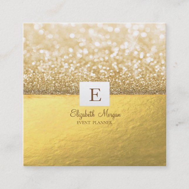 Cartão De Visita Quadrado Elegante Moderno Monograma Dourado Glitter Bokeh (Frente)