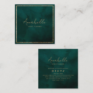 Cartão De Visita Quadrado Elegante Moldura de Veludo Verde e Brilho Dourado