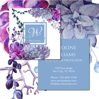 Cartão De Visita Quadrado Elegante Monograma Aquarela Plantas Suculentas Azu