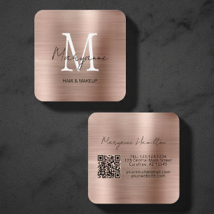 Cartão De Visita Quadrado Elegante Monograma QR Rosa Bege