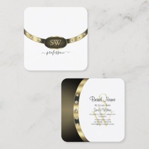 Cartão De Visita Quadrado Elegante Ornado Dourado Branco Diamantes com Monog