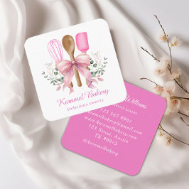 Cartão De Visita Quadrado Elegante panadería con utensilios de arco rosado