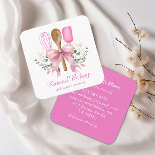 Cartão De Visita Quadrado Elegante panadería con utensilios de arco rosado