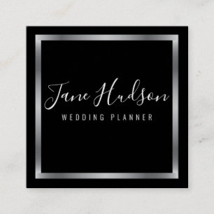 Cartão De Visita Quadrado Elegante Preto Prateado Minimalista Editável