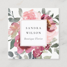 CARTÃO DE VISITA QUADRADO ELEGANTE RED BLUSH BURGUNDY WATERCOLOR ROSA FLORAL