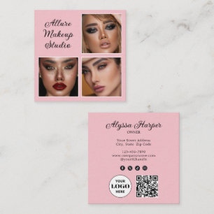 Cartão De Visita Quadrado Elegante Rosa Bege Preto Script 3 Foto Maquiagem