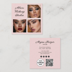 Cartão De Visita Quadrado Elegante Rosa Bege Preto Script 3 Foto Maquiagem