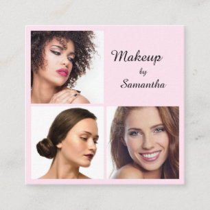 Cartão De Visita Quadrado Elegante Rosa Bege Preto Script 3 Foto QR Maquiage