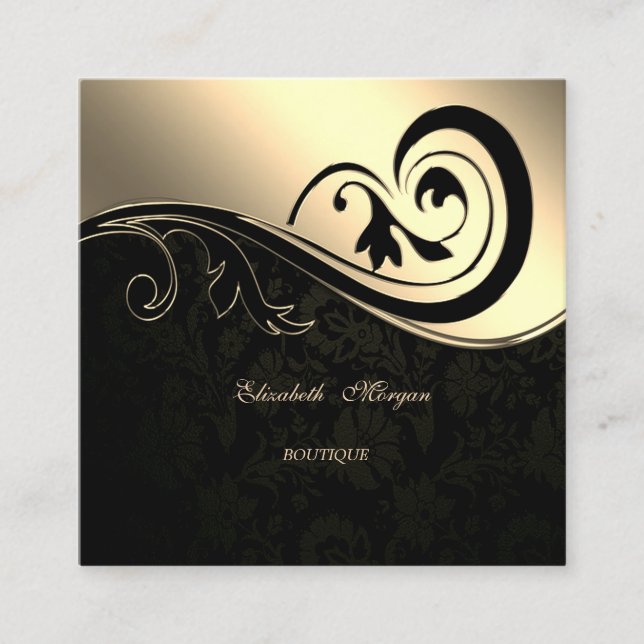 Cartão De Visita Quadrado Elegante sofisticado, Damasco Preto, Cabeça Dourad (Frente)