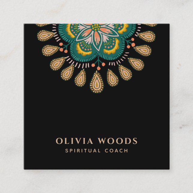 Cartão De Visita Quadrado Elegante treinador espiritual Mandala Preto Verde (Frente)