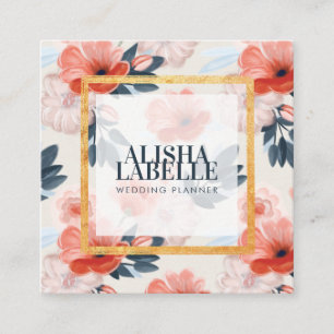 Cartão De Visita Quadrado Elegante Vintage Blush Florals Dourado Quadro de P