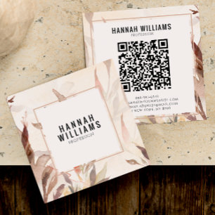Cartão De Visita Quadrado Elegante Watercolor QR Code Terracotta Floral
