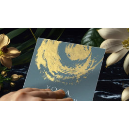 Cartão De Visita Quadrado Elegante YOGA Azul e ZEN Dourado Símbolo Brushstro