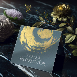 Cartão De Visita Quadrado Elegante YOGA Azul e ZEN Dourado Símbolo Brushstro