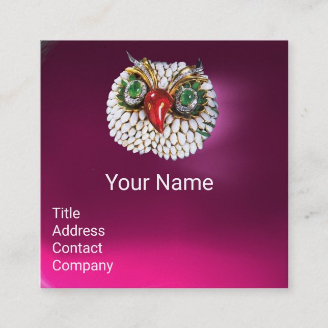 Cartão De Visita Quadrado EMERALD OPALE WHITE PEARL JEWEL OWL Pink Fuchsia (Frente)