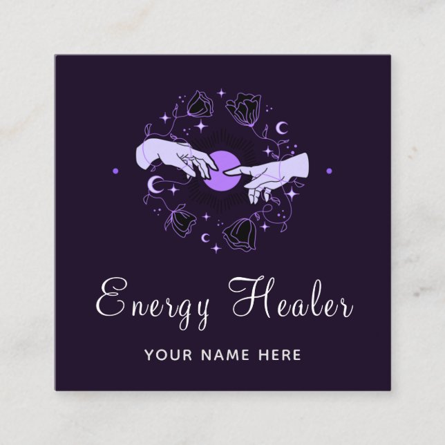 Cartão De Visita Quadrado Energy Healer Fortune Teller Mystical Dark Purple (Frente)