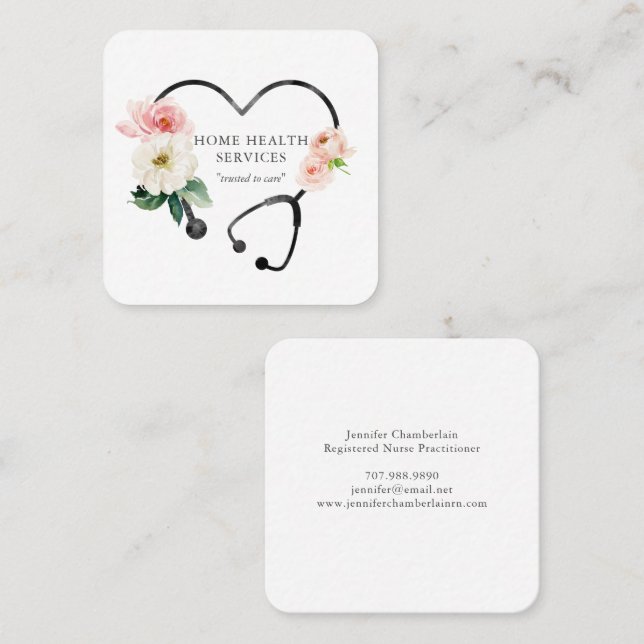 Cartão De Visita Quadrado Enfermeira de Saúde Doméstica Stethoscope Floral (Frente/Verso)