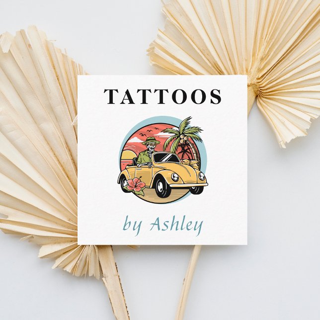 Cartão De Visita Quadrado Engraçado Ilustração do Crânio Tropical Tatuagem E (Criador carregado)
