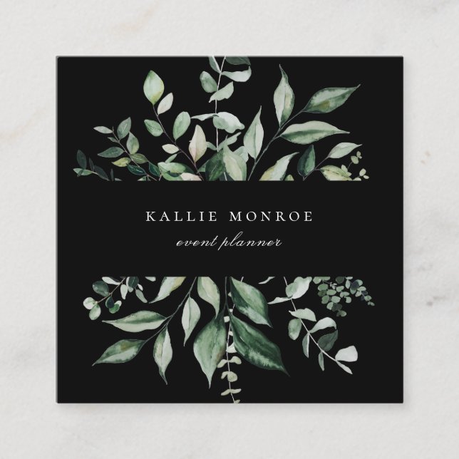 Cartão De Visita Quadrado Escuro de Folhagem Selvagem de Aquarela Elegante (Frente)