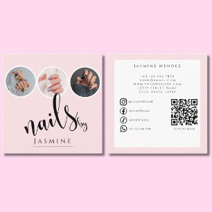 Cartão De Visita Quadrado Especialista em Unhas 3 Foto QR Redes Sociais Rosa