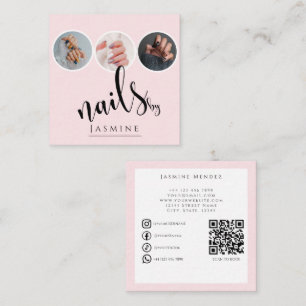 Cartão De Visita Quadrado Especialista em Unhas 3 Foto QR Redes Sociais Rosa