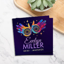 Cartão De Visita Quadrado Espiral de energia com mãos de cura coloridas