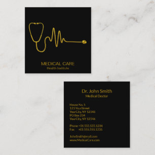 Cartão De Visita Quadrado Estetoscópio de Luxo Onda ECG Linha EKG Dourado Mé