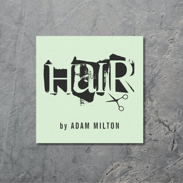 Cartão De Visita Quadrado Estilhador de Cabelo Preto Verde Moderno (Criador carregado)