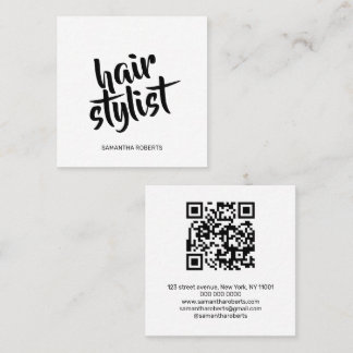 Cartão De Visita Quadrado estilista de cabelo moderno código qr preto e bran