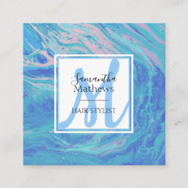 Cartão De Visita Quadrado Estilista de Cabelos do Agato de Mármore Azul Eleg