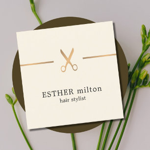 Cartão De Visita Quadrado Estilista de Cabelos Dourados de Tesoura Moderna e