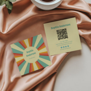 Cartão De Visita Quadrado Estilo de 70 s em negrito com código QR personaliz