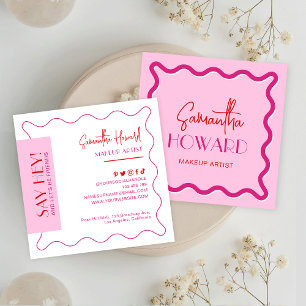 Cartão De Visita Quadrado Estilo Retro Cor-de-Rosa Moderno e Vermelho Maquia