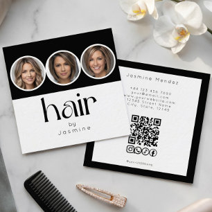 Cartão De Visita Quadrado Estilos de Cabelo 3 Foto Código QR Sociais Preto B