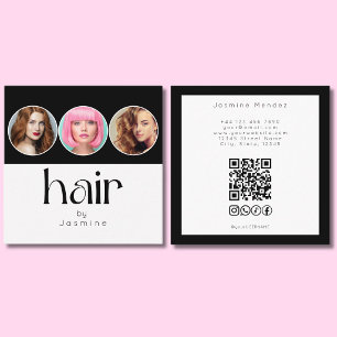 Cartão De Visita Quadrado Estilos de Cabelo 3 Foto Código QR Sociais Preto B