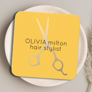 Cartão De Visita Quadrado Estilos de Cabelo Dourado de Tesoura Amarelo Minim