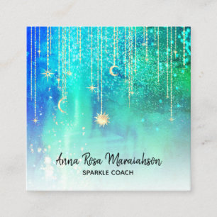 Cartão De Visita Quadrado *~* Estrelas Douradas do Sol Poupam Lua Cósmica Ce