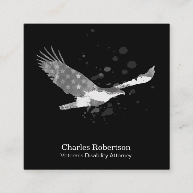 Cartão De Visita Quadrado *~* EUA Flag American Eagle Cinza em preto (Frente)