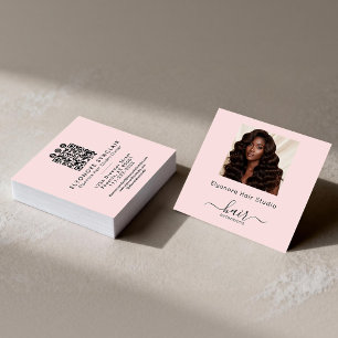 Cartão De Visita Quadrado Extensão de Cabelo Social QR Foto Script Rosa Bege