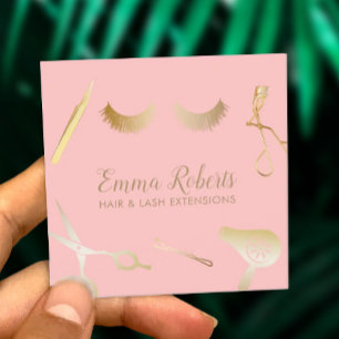Cartão De Visita Quadrado Extensões Hair e Eyelash Modernas Cor de Rosa e Do
