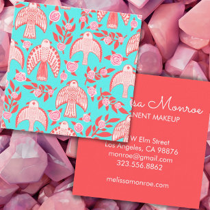 Cartão De Visita Quadrado Falcões e Rosas Elegante Boho Aqua Rosa