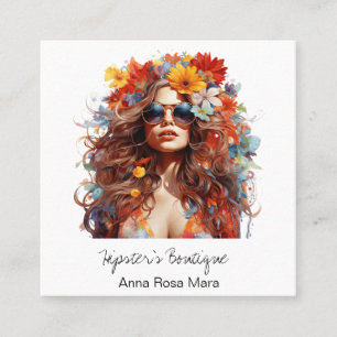Cartão De Visita Quadrado *~* FALL AP57 QR Boho Flowers Cabelo Senhora Hippi