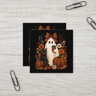 Cartão De Visita Quadrado Fantasma com Gato Preto Café Halloween