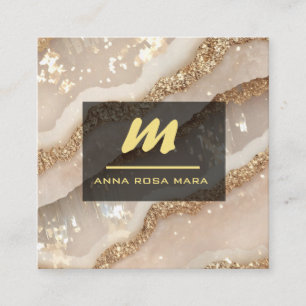 Cartão De Visita Quadrado *~* Fatura QR Agate Black Glitter Inicial AP66