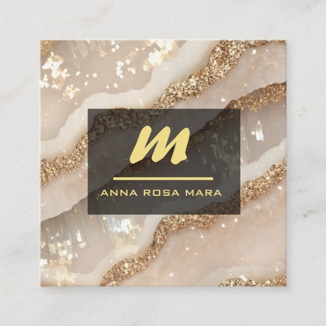 Cartão De Visita Quadrado *~* Fatura QR Agate Black Glitter Inicial AP66 (Frente)